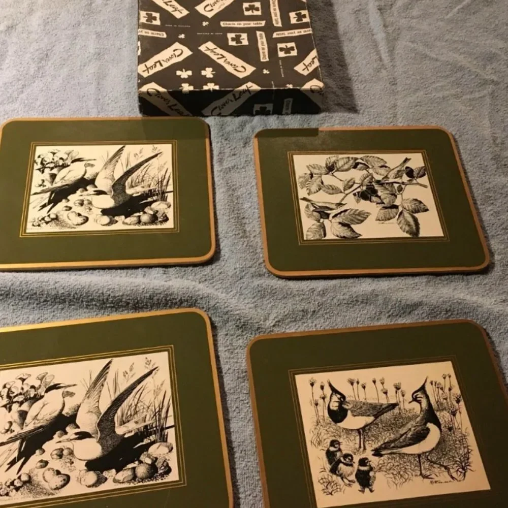 Cloverleaf R65 bird woodcuts table coasters new in box vintage